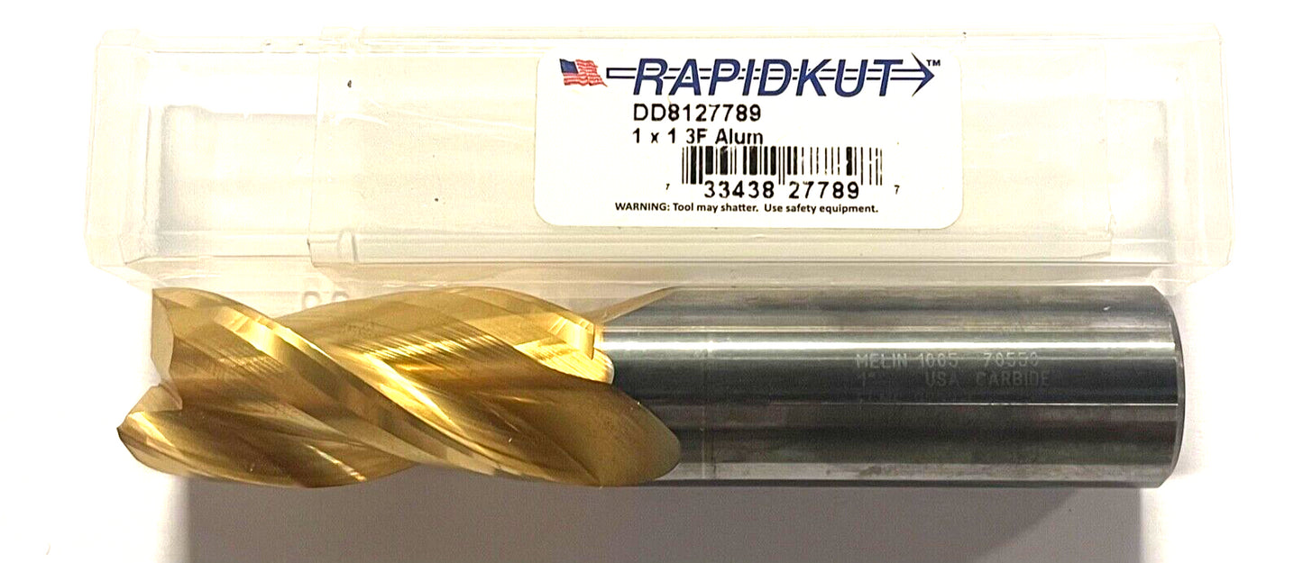 RapidKut 1" Carbide End Mill Tin Coated 3 Flute .005" Radius High Performance