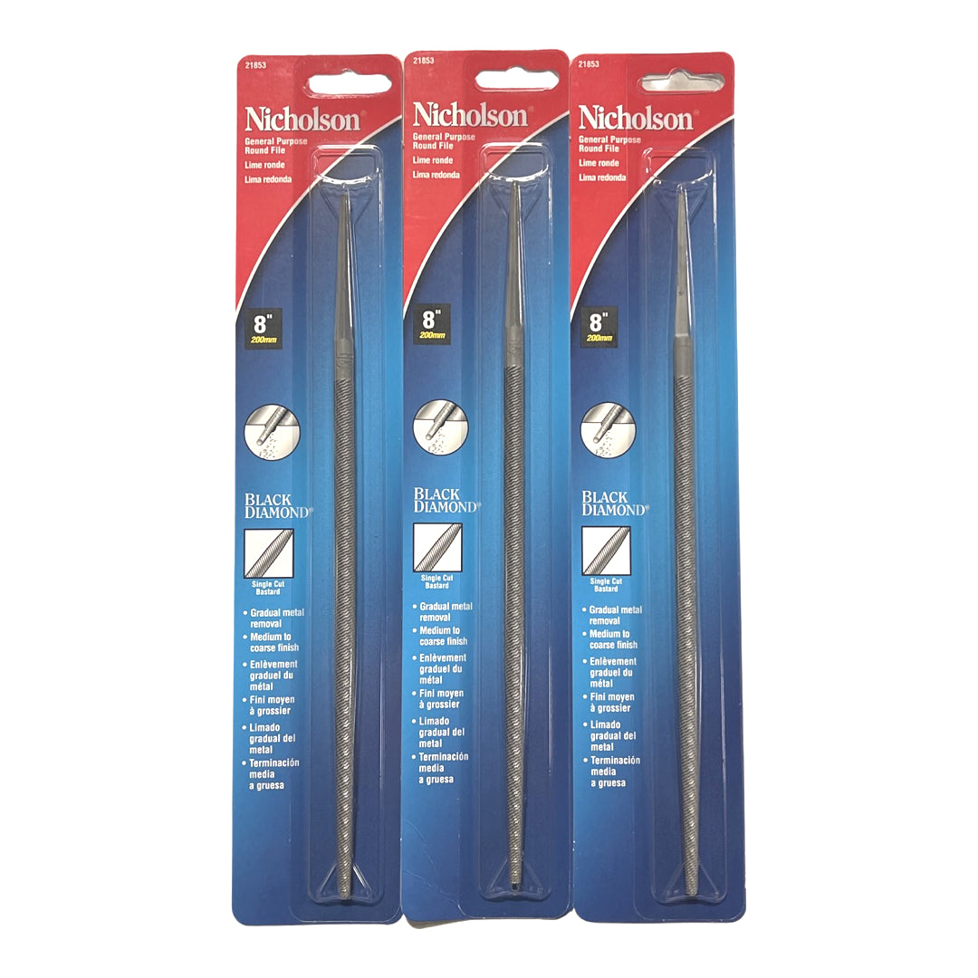 Nicholson 8" General Purpose Round File Single Cut Bastard Medium To Coarse 3pk