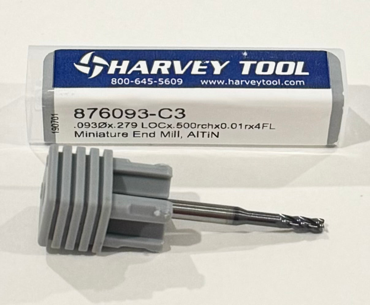 Harvey Tool 3/32" Carbide End Mill Long Reach 4 Flute AlTiN .01" Radius