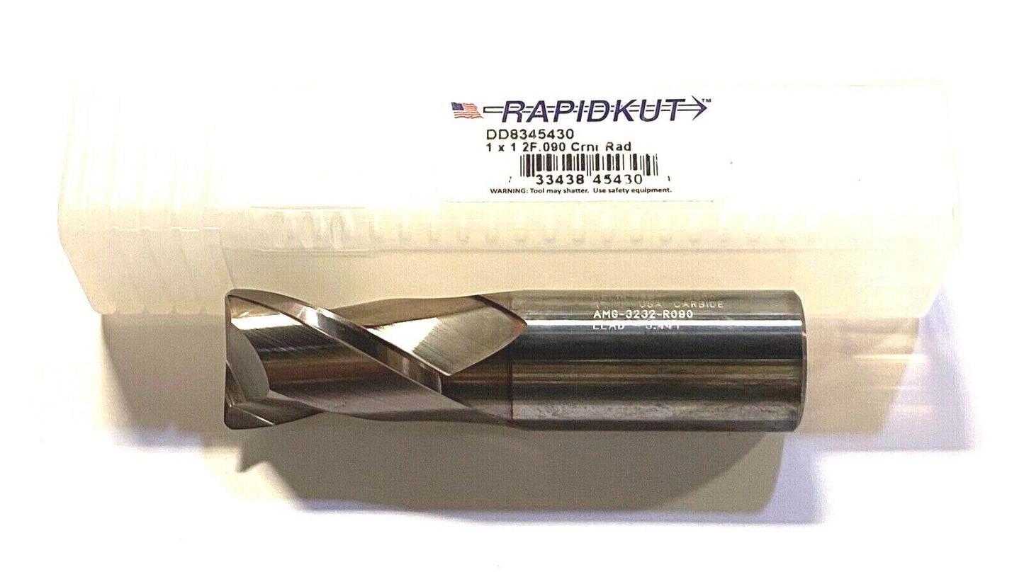 Rapidkut 1" Solid Carbide End Mill TiCN Coated .090 Radius 2 Flute USA Made