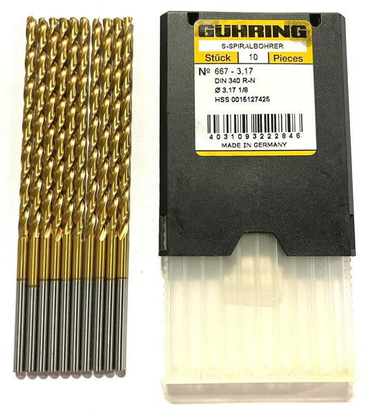 Guhring 1/8" Drill Bit HSS Tin Coated Taper Length Drills 118° Type N 10 Pack