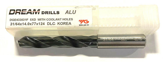 YG-1 31/64" Solid Carbide Drill 5xD DLC Coated Coolant Thru 140° Point 30° Helix