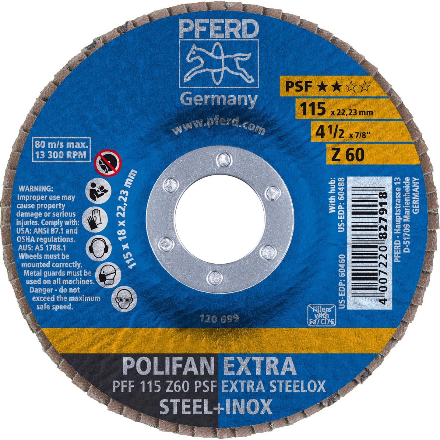 PFERD 4-1/2" x 7/8" Flap Disc PSF-Z-EXTRA 80 Grit Zirconia 10 Pack