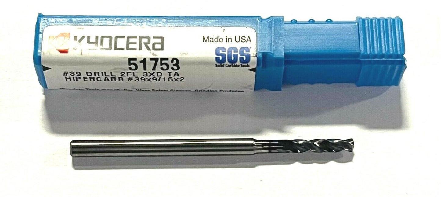 Kyocera #39 Solid Carbide Drill 3xD TA Coating 145° Point Angle 2 Flute USA Made