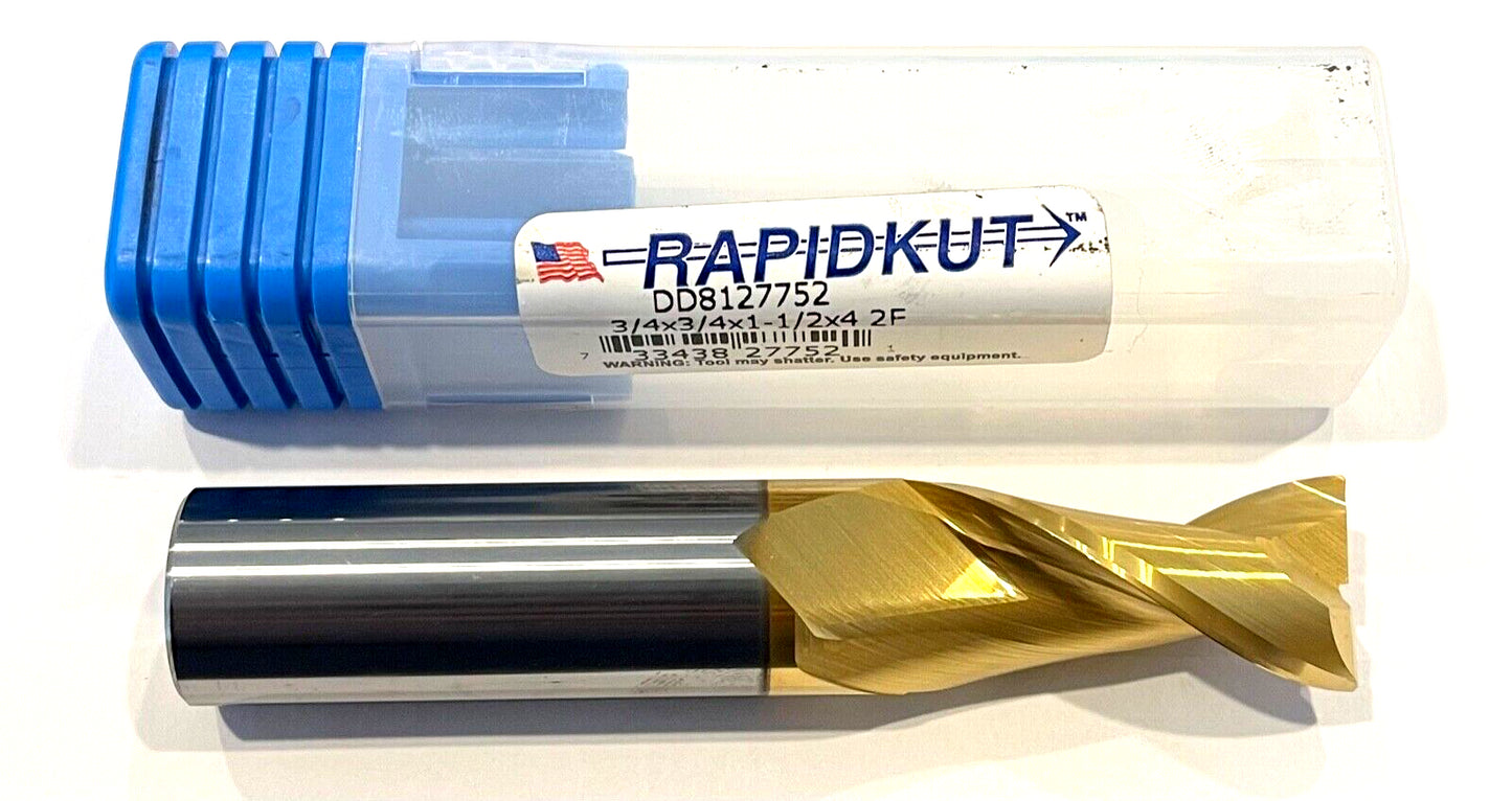 RapidKut 3/4" Carbide End Mill Tin Coated 2 Flute High Performance .030 Radius