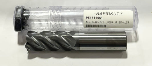 RapidKut 1" x 1" x 2-1/4" x 5" Carbide End Mill 5FL AlCrN .030" Radius HP