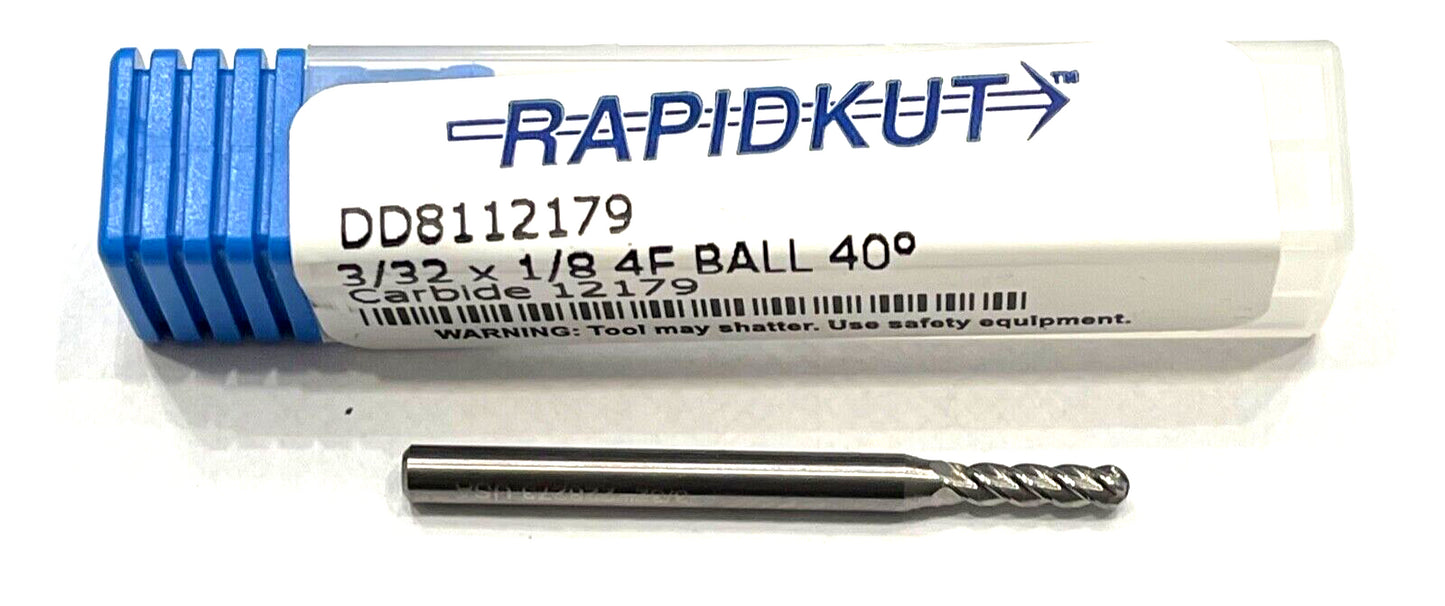 RapidKut 3/32" Carbide End Mill Ball Nosed 40Â° Helix 4 Flute USA Made