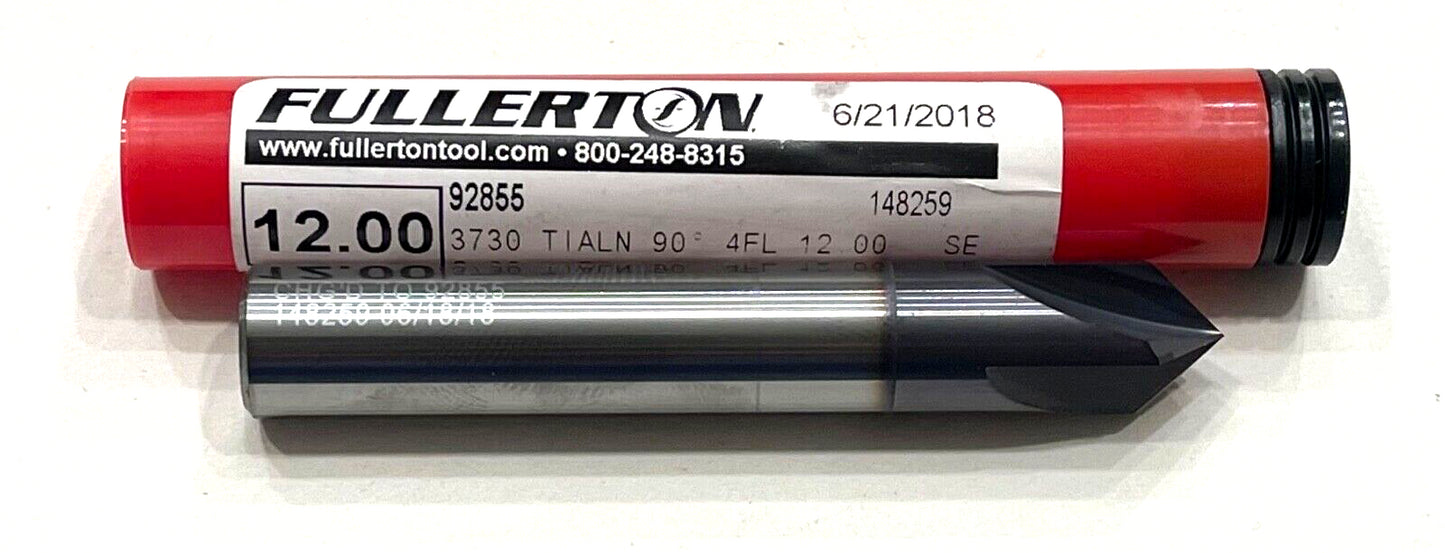 Fullerton 12mm Solid Carbide Chamfer Mill 90Â° Point 4 Flute TiAlN Coating USA