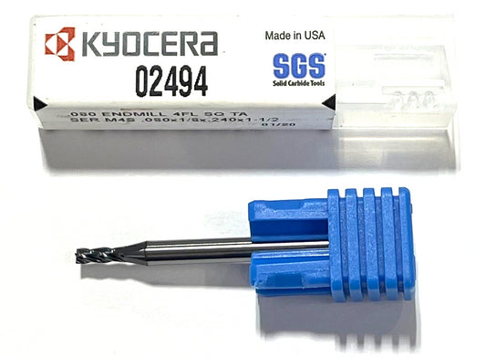 Kyocera .080" Carbide End Mill TA Coating 4 Flute 30Â° Helix USA Made 02494